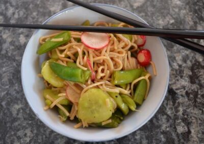 Soba noodle salad with radishes and snap peas